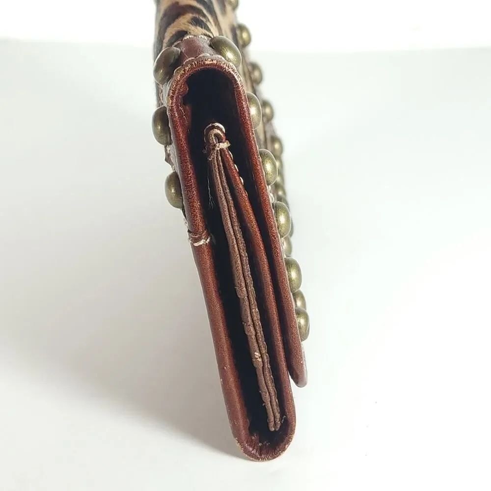 American West Leather Cowhide Leopard Print Studded Zipper Trifold Wallet - Picture 4 of 14